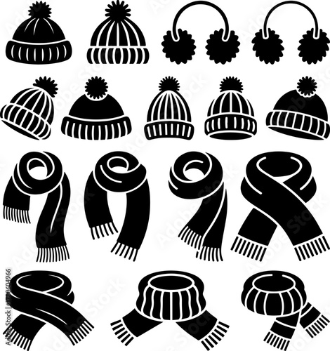Black minimalist winter hats, earmuffs & scarves vector illustration collection. Casual stylish accessories for cold weather. Digital graphic set, seasonal pack