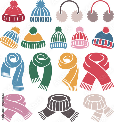 Colorful minimalist winter hats, earmuffs & scarves vector illustration collection. Casual stylish accessories for cold weather. Digital graphic set, seasonal pack