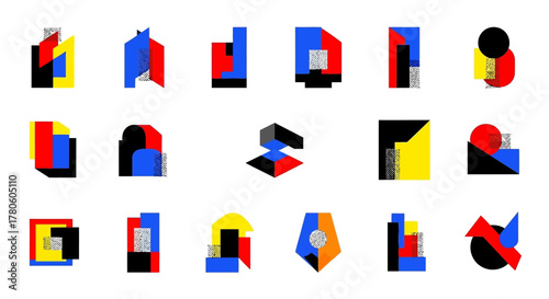 Dynamic composition of geometric shapes in bold primary colors with unique patterns