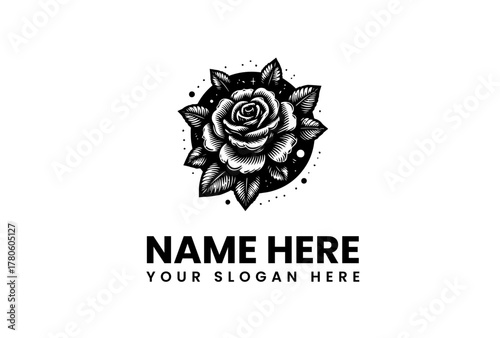 Intricate monochrome rose emblem illustration with vintage aesthetic, detailed floral design ideal for tattoo art, branding, or elegant botanical logo concepts