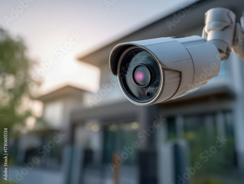 Modern security camera mounted outdoors capturing surveillance footage in front of contemporary residential buildings during daylight hours
