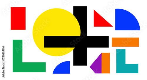 Geometric abstraction with vibrant primary colors, perfect balance and dynamic visual appeal