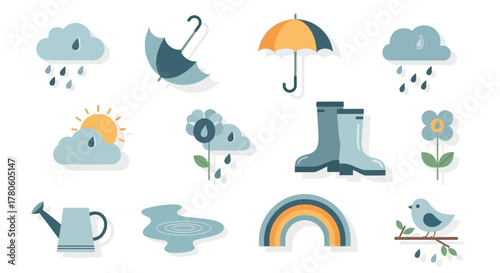 Weather icons clouds, rain, sunshine, umbrella, boots, watering can, rainbow, and bird for forecasting and climate