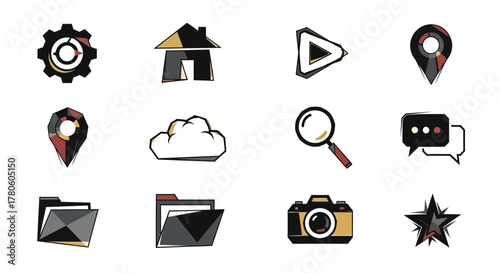 Collection of vector icons, representing diverse functionality, communication, and media tools
