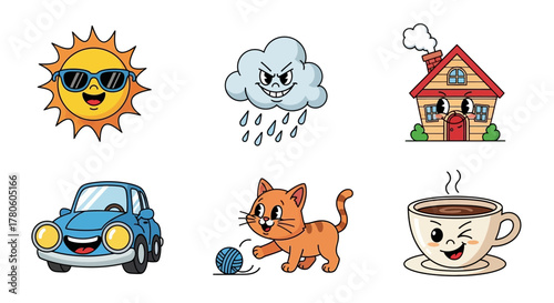 Playful vector cartoon collection featuring sun, cloud, house, car, cat, and coffee cup