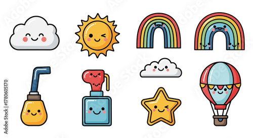 Charming cartoon weather and toy icons for whimsical designs and playful illustrations