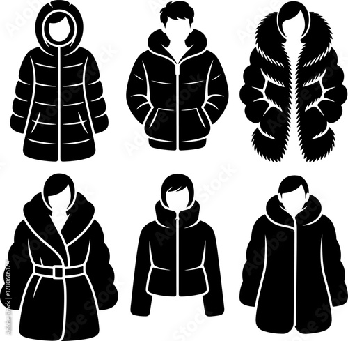 Set of unisex winter outfit on mannequins, black minimalist vector illustration. Warm winter outerwear in various styles: cropped zip-up jacket, hooded puffer, long coat with collar, belted overcoat