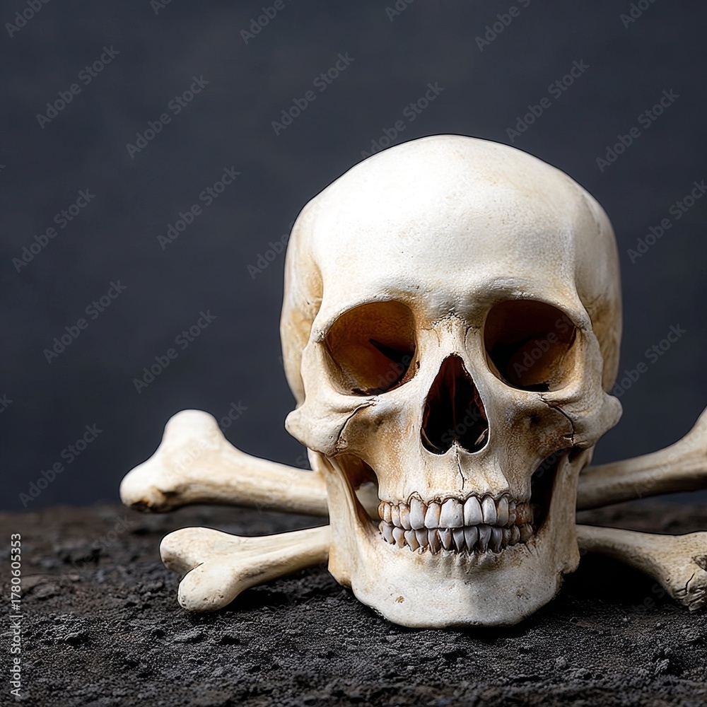 Fototapeta premium Human Skull and Crossbones Symbolizing Death s Head in Artistic Grave Relic on Dark Ground