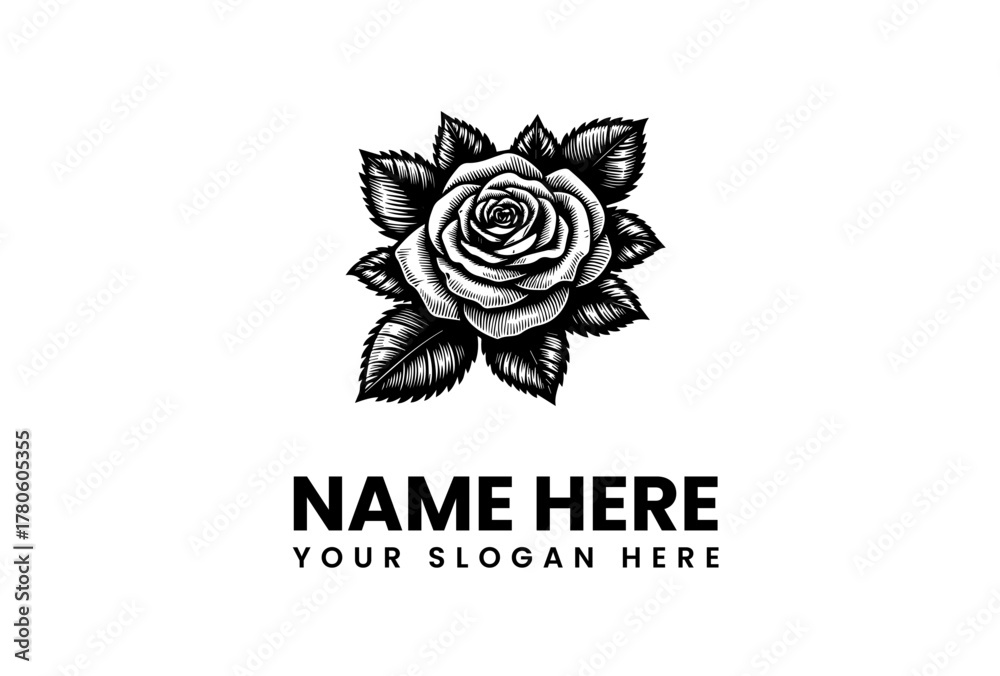 Obraz premium Elegant monochrome rose illustration with intricate details and classic botanical style, perfect for sophisticated logo designs, timeless branding, or as a versatile floral graphic element