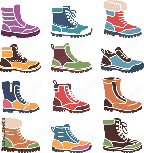 Colorful set of unisex warm footwear, minimalist vector illustration. Includes boots, insulated shoes. Casual autumn or winter footwear collection