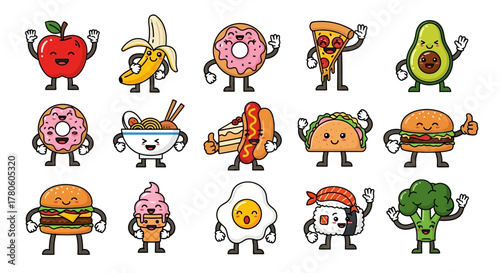 Cute Cartoon Food Characters Collection for Menu, Design and Fun Illustrations