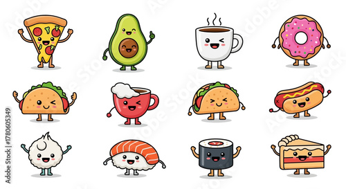 Playful Food Characters: A Collection of Kawaii Culinary Delights on a White Canvas