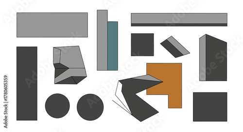 Geometric shapes floating composition with dynamic angles and neutral color scheme for abstract