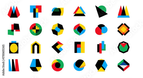 A collection of abstract geometric shapes in vibrant colors arranged on a white background