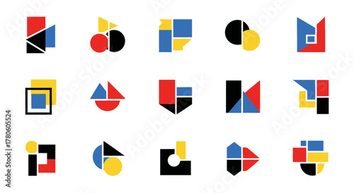 Collection of abstract geometric symbols with primary colors for design concepts