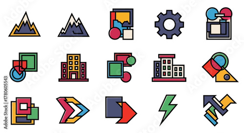 Collection of Geometric Abstract Icons Representing Various Concepts and Ideas