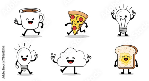 Playful Cartoon Food and Objects with Kawaii Faces Engaging in Fun Actions Characters