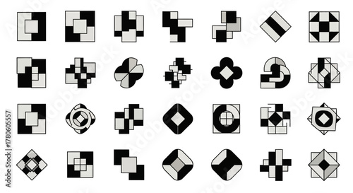 Geometric patterns assemblage, a collection of abstract square based design elements and forms