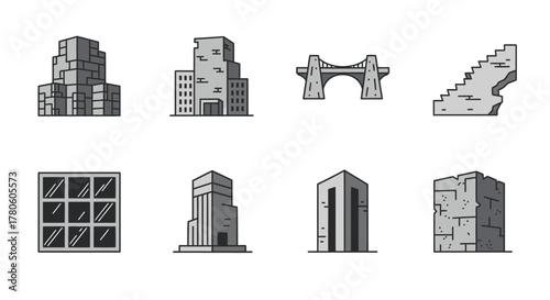 Architectural icons representing structures, urban environments, and construction elements