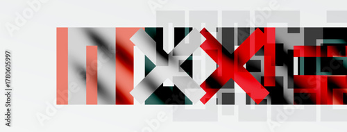 Abstract graphic design features fragmented letters forming word NEXT. Red, gray, black colors dominate composition. Minimalist aesthetic.