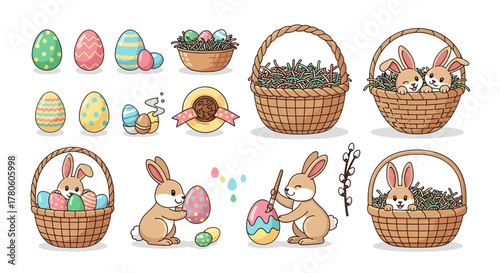 Easter holiday collection with cute cartoon bunnies, decorated eggs, and wicker baskets. A festive set of vector design elements for spring celebration