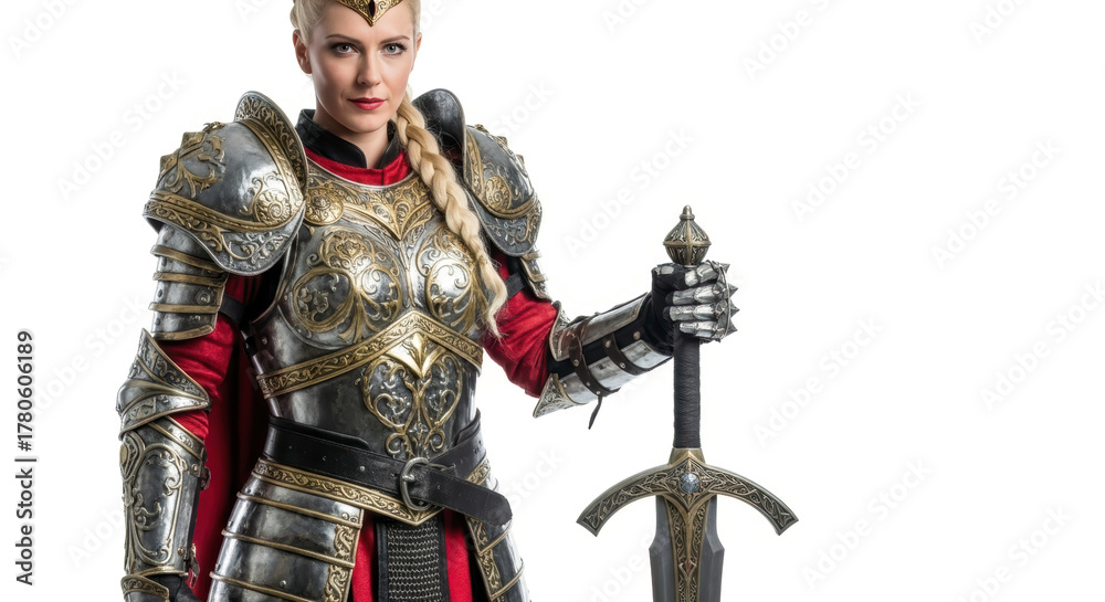 Fototapeta premium Stunning Medieval Knight Woman with Sword and Ornate Armor, Ready for Fantasy Epic