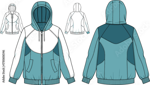 Women’s striped V-neck t-shirt, short sleeves, smile graphic back, color contrast design, fashion flat sketch, front and back views, casualwear apparel illustration