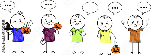 Hand drawn stick figure people with different emotions and Halloween pumpkins, doodle sketch illustration showing angry, sad, and neutral characters holding jack o’lanterns, cute cartoon style