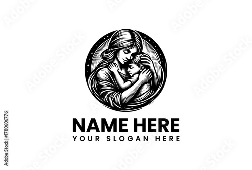 Stylized illustration of a mother tenderly embracing her child, set within a celestial circle, representing the deep maternal bond, nurturing love, and family devotion
