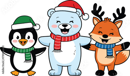 A festive trio of cartoon animals celebrating Christmas: a penguin with a green scarf, a polar bear wearing a red scarf and Santa hat, and a fox with reindeer antlers and a blue scarf. 