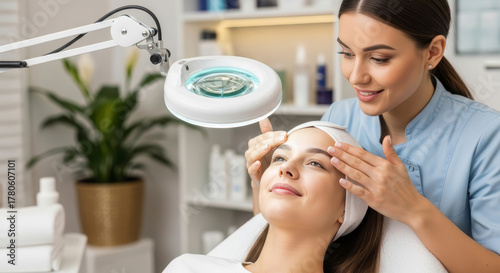 Expert Skin Check Cosmetologist Inspecting Young Woman's Face with Magnifying Lamp at Modern Beauty Spa