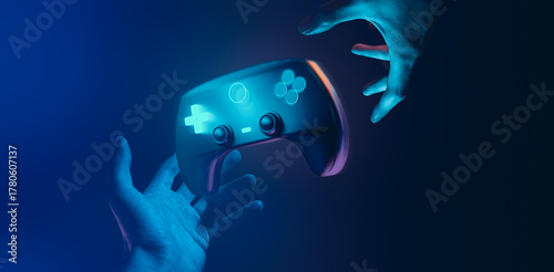 gamer hand touching and interactive to holographic of gaming joystick controller, game and esports technology