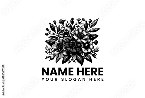 Elegant black and white floral bouquet logo template in a vintage hand-drawn style. Square botanical arrangement with various flowers for branding