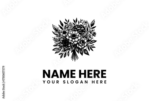 Elegant Floral Logo Design with Customizable Text for a Business or Brand Identity in Black and White