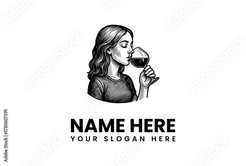 Elegant woman savoring the aroma of red wine in a glass, a vintage hand-drawn illustration for a winery or restaurant logo