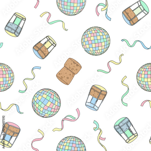 Seamless pattern with vibrant disco balls, festive champagne corks, and swirling colorful ribbons creating a joyful celebration background, perfect for party invitations and event decor