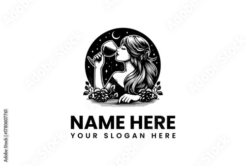 Captivating monochrome illustration of an elegant woman with flowing hair, gracefully sipping wine under a moonlit night, ideal for sophisticated branding and beverage-related designs