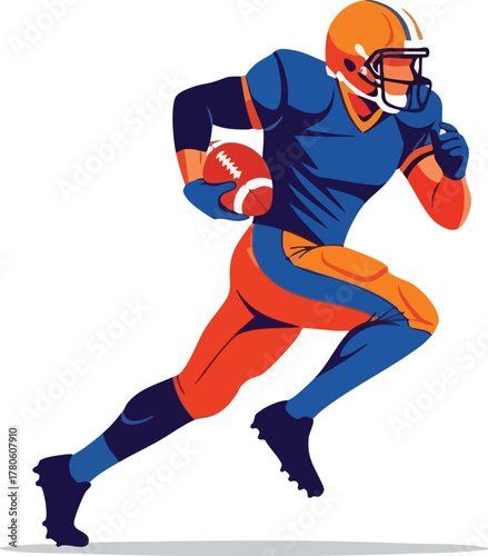 American football player running with ball in hand, wearing blue and orange uniform with helmet, against a clean white background.