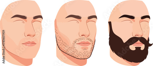 Illustration of three male faces with varying facial hair styles, from clean-shaven to stubbly and fully bearded, against a plain white background.