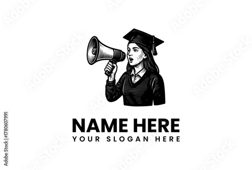Retro engraving of a determined graduate student speaking into a megaphone, symbolizing academic voice, advocacy, and public communication of important messages