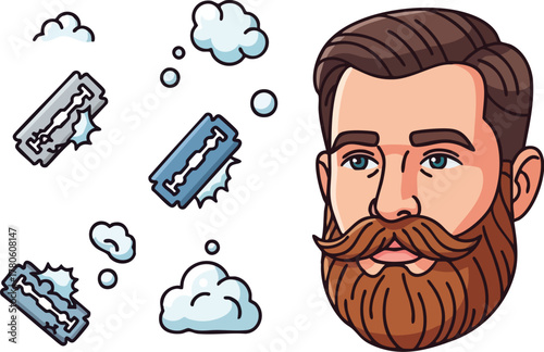 Illustration of a man with a beard and mustache thinking about razors, symbolizing No Shave November, with a cartoonish style and white background.