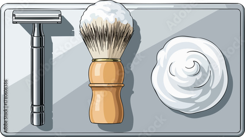 Graphic illustration of a safety razor, shaving brush, and shaving cream on a grey background, representing No Shave November and traditional men's grooming tools.