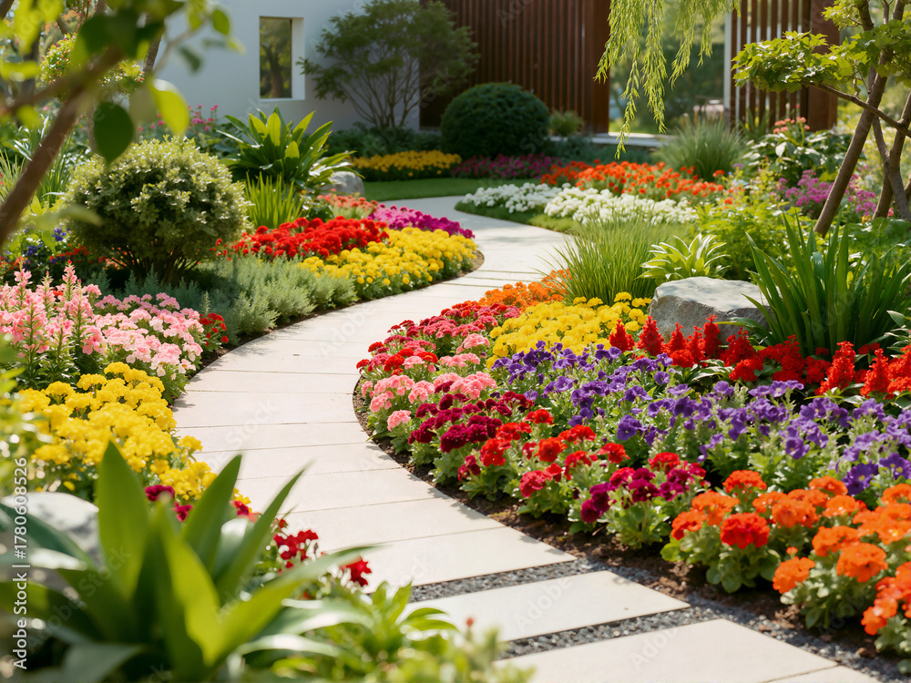 Obraz premium A 3D render of a beautiful contemporary garden featuring square stepping stones on lush green lawn, bordered by vibrant flowering beds and clean white walls. 