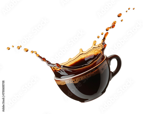 A dark cup of coffee with a splash, isolated on transparent background