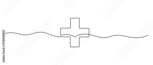Continuous Line Art Plus Sign with Wavy Line,Medical plus sign continuous single line drawing vector illustration,Continuous Line Drawing of a Plus Sign for Health and Care