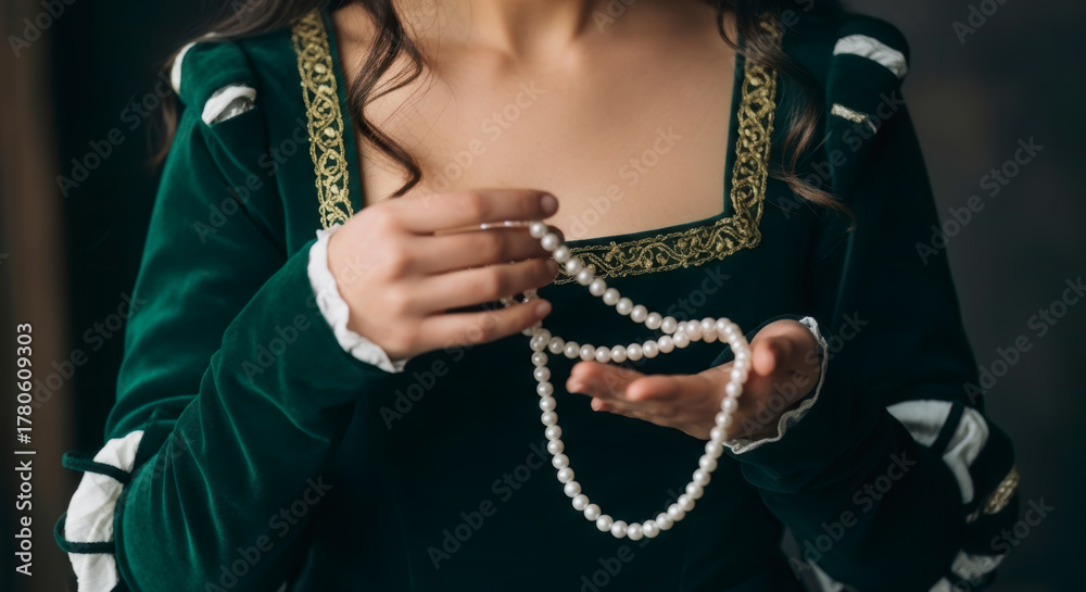 Naklejka premium Regal lady in a medieval fantasy gown gently admires a timeless strand of glistening pearls.