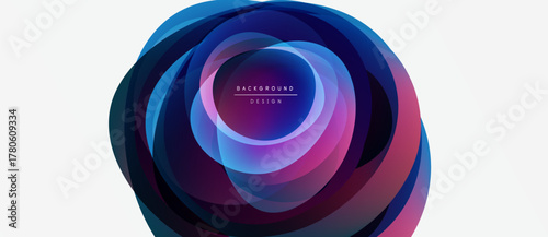 Abstract circular design. Layers create vibrant, modern visual effect. Purple, blue hues dominate composition. Minimalist style.