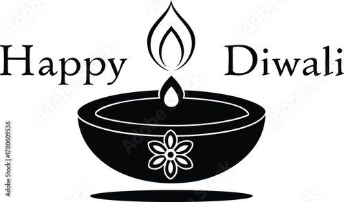 Happy diwali greeting with a traditional diya oil lamp and decorative floral element