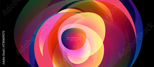 Abstract colorful layers create dynamic visual effect. Bright hues blend, forming swirling pattern, modern design element.