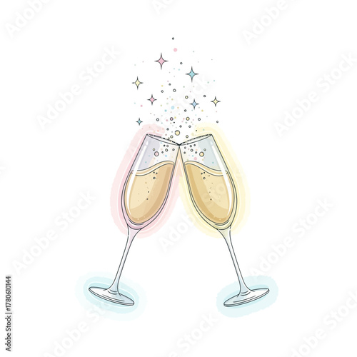 Charming illustration of two champagne flutes clinking in a festive toast, featuring sparkling effervescence and bright light, perfect for symbolizing celebration, joy, and success
